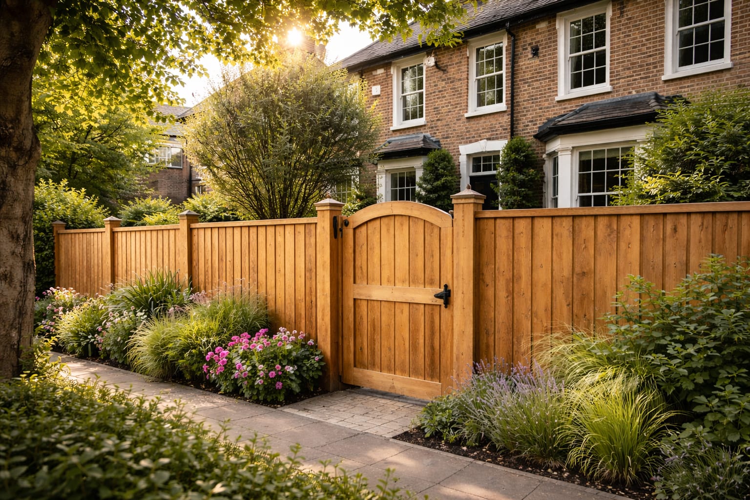 Cedar wooden fence with arched gate in front garden of an East London terraced home