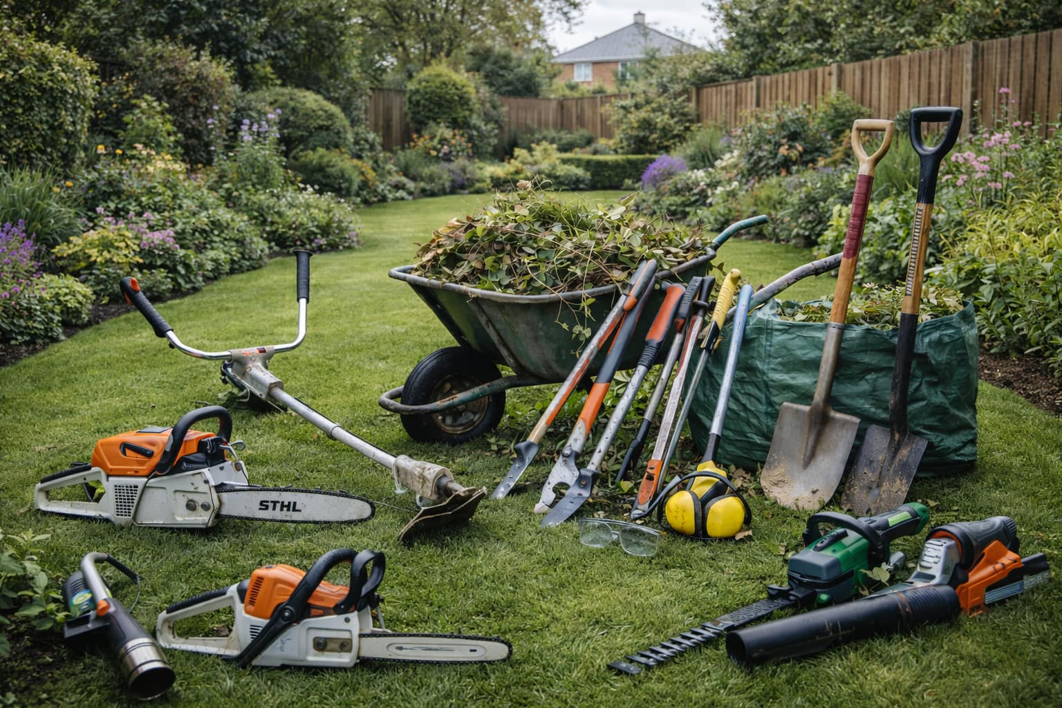 Garden clearance tools on a lawn in South East London including brush cutter, hedge trimmer, loppers, spade and wheelbarrow