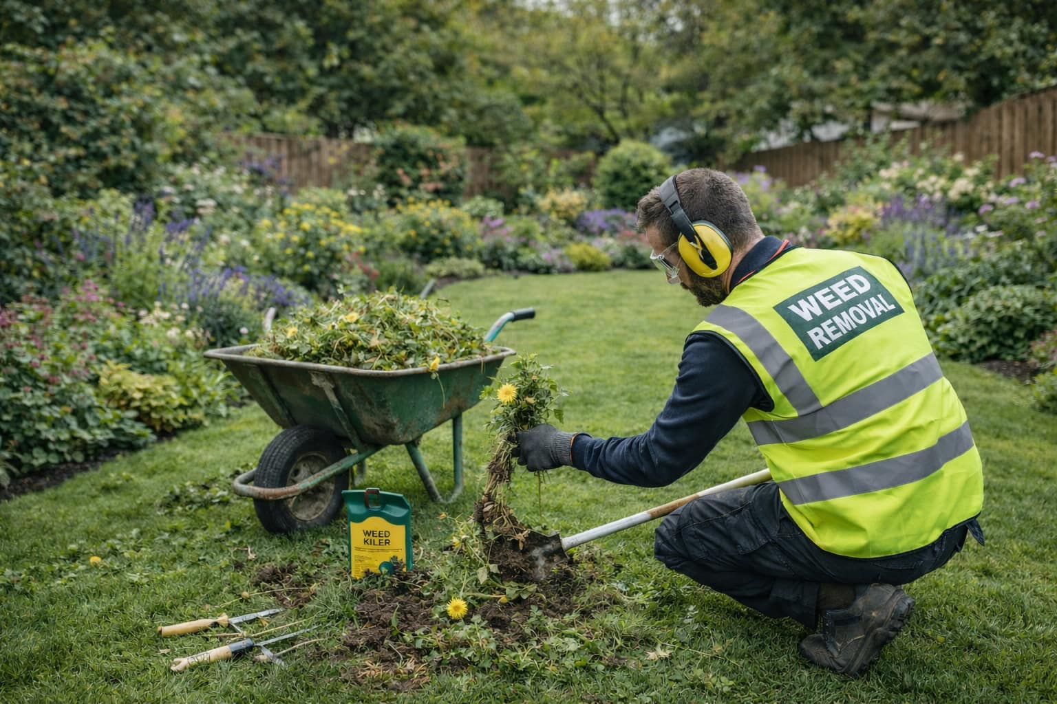 Professional gardener removing a dandelion weed with a hand tool in a South East London garden beside a wheelbarrow