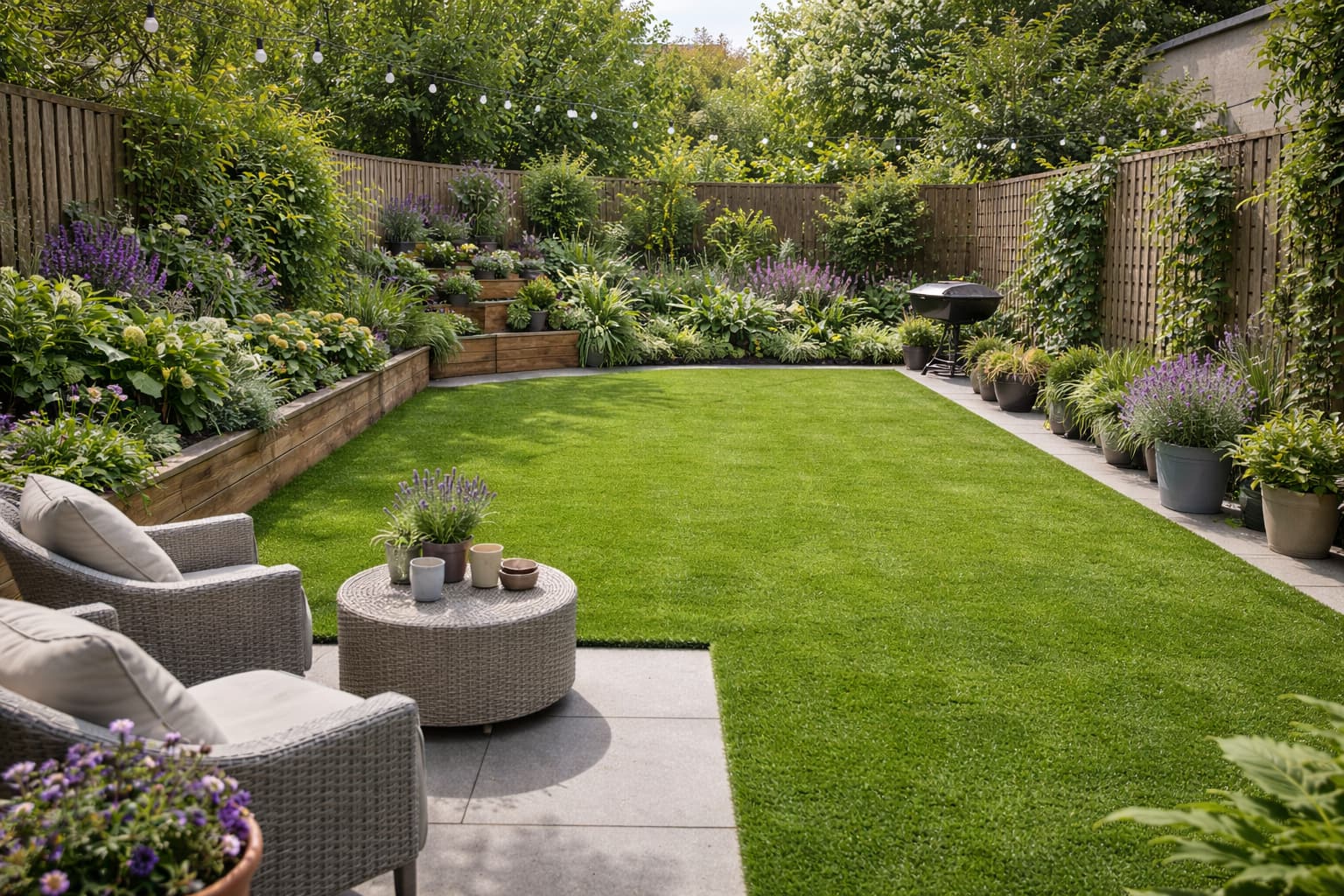 Small urban garden in South East London with artificial grass, patio seating, raised beds and colourful planting