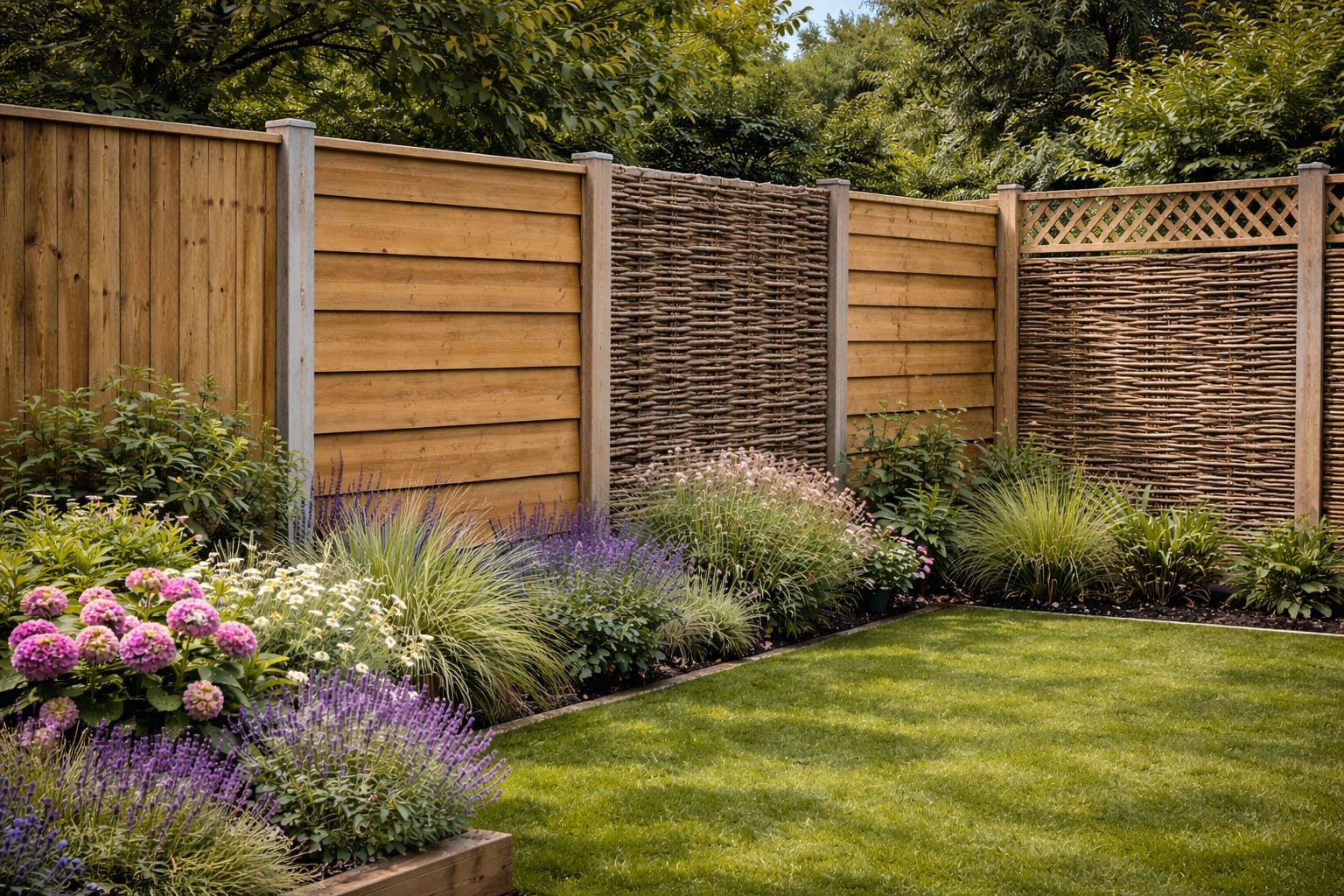 Close-up of different garden fence panel styles in a Peckham SE15 garden, including closeboard, slatted and hazel hurdle fencing