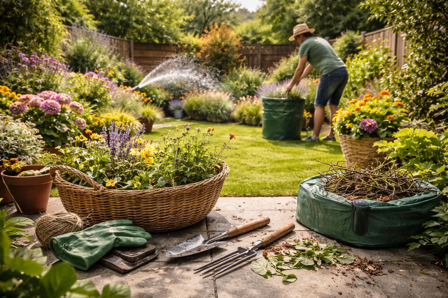 Gardener tidying a vibrant summer garden with pruning tools, green waste bags and watering in a South East London backyard