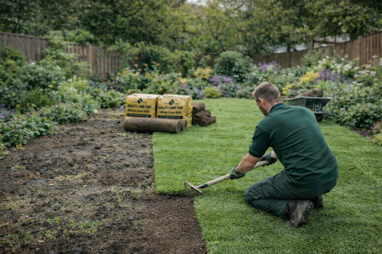 Gardener in a dark green uniform laying fresh turf on a lawn in a South East London back garden