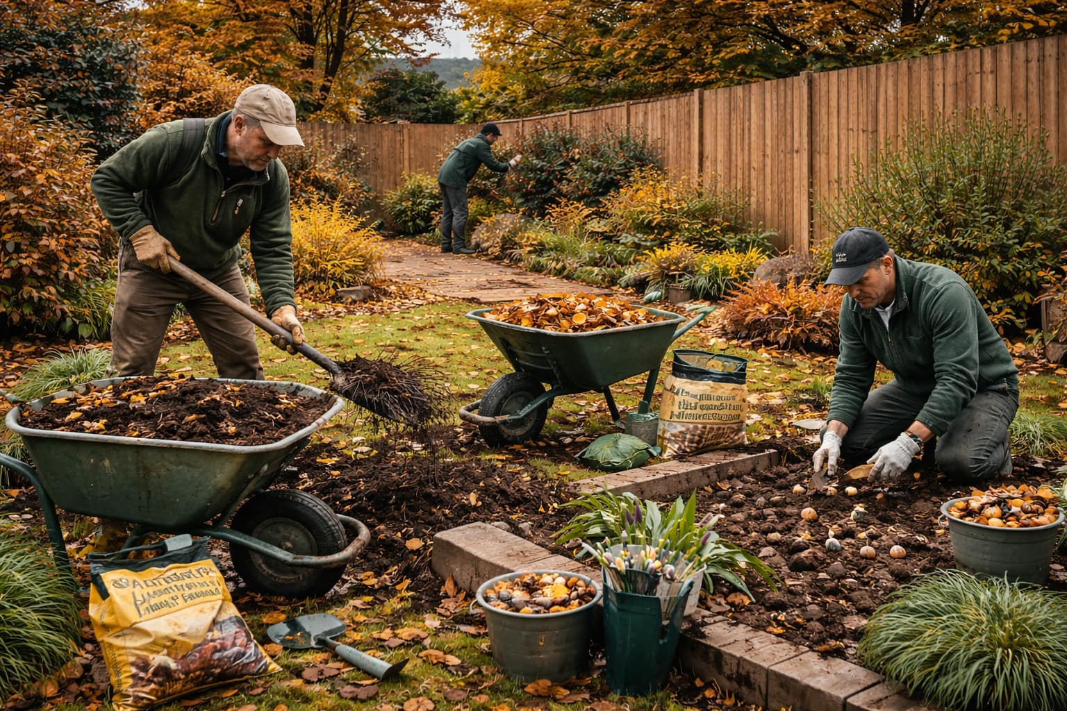 Gardeners planting spring bulbs and adding compost during an autumn garden care visit in South East London