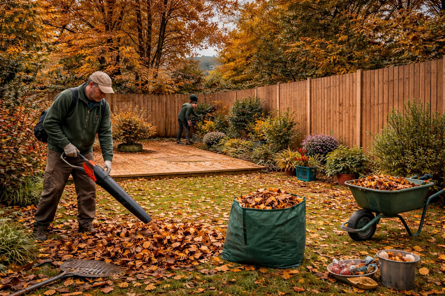 A gardener clearing autumn leaves and pruning shrubs in a South East London back garden