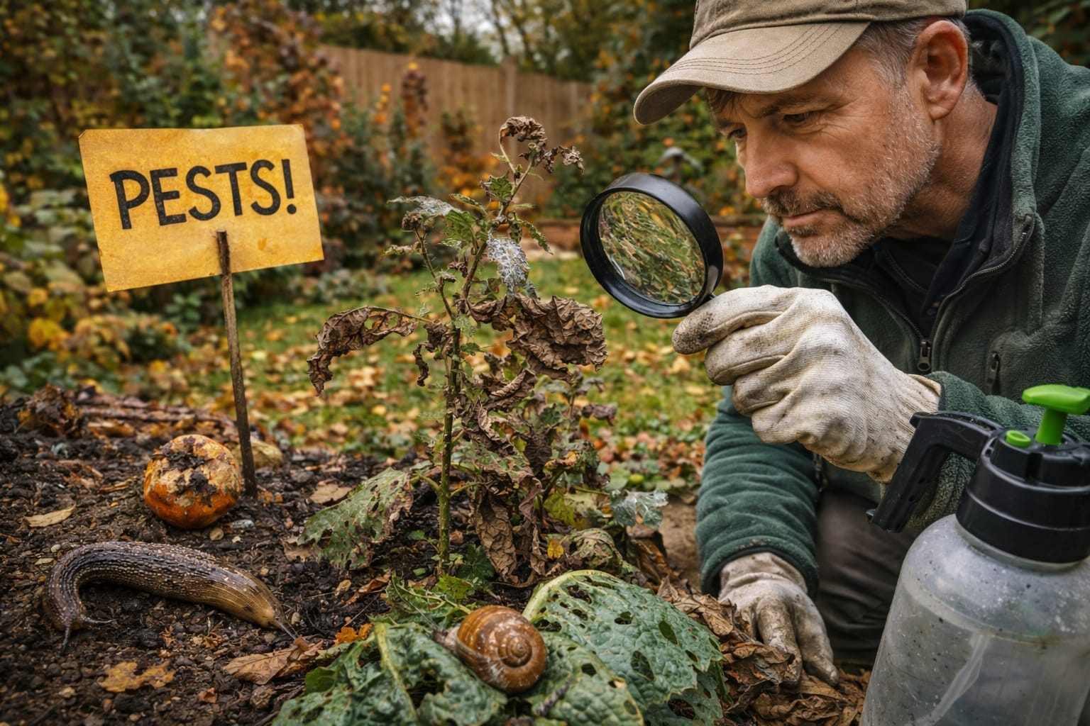 Gardener inspecting a plant for autumn garden pests in a South East London garden with a sprayer nearby