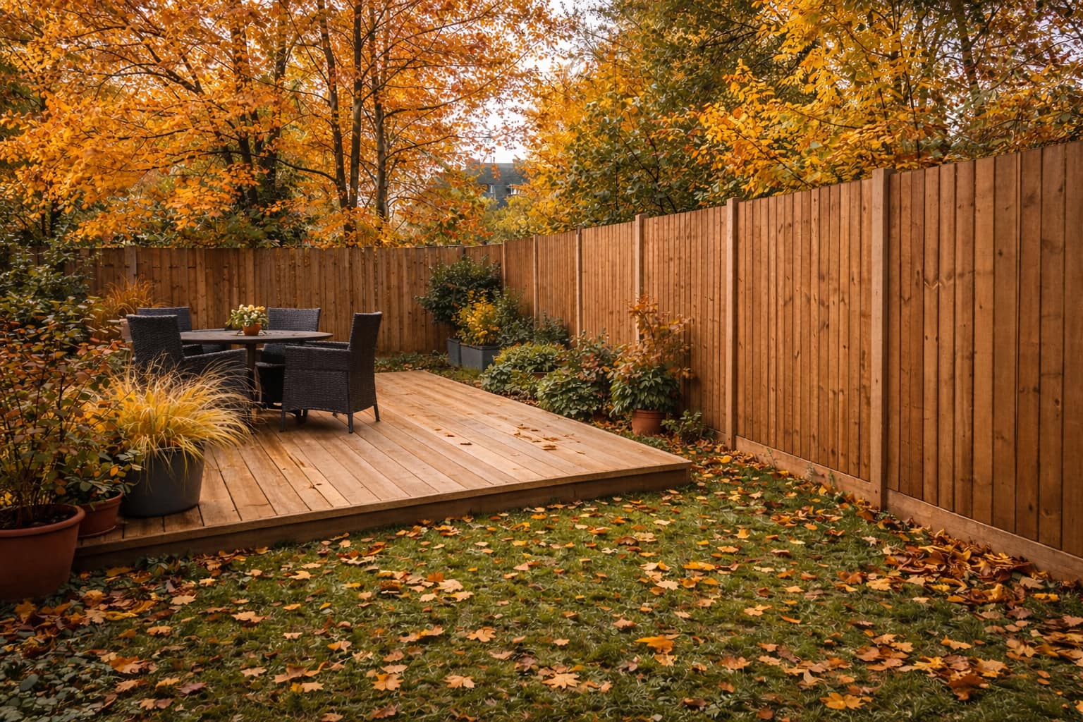 Autumn South East London garden with new wooden fence and timber decking, with fallen leaves on the lawn