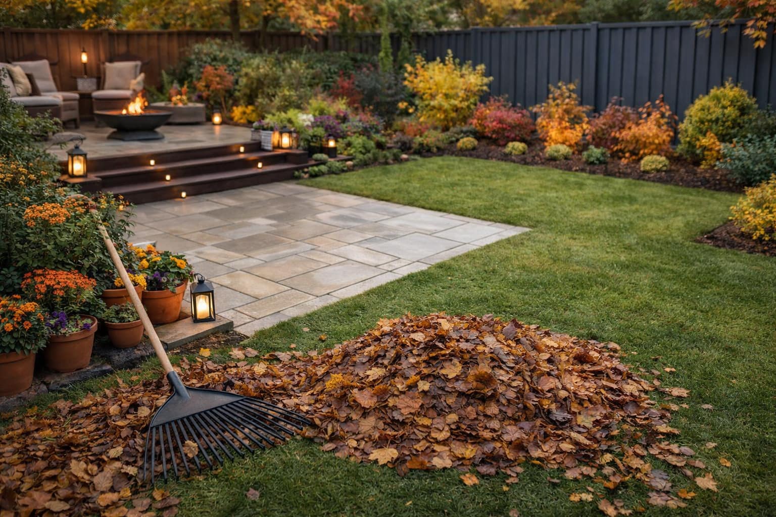 Autumn garden makeover with new patio paving, tidy lawn and leaf pile in a South East London back garden