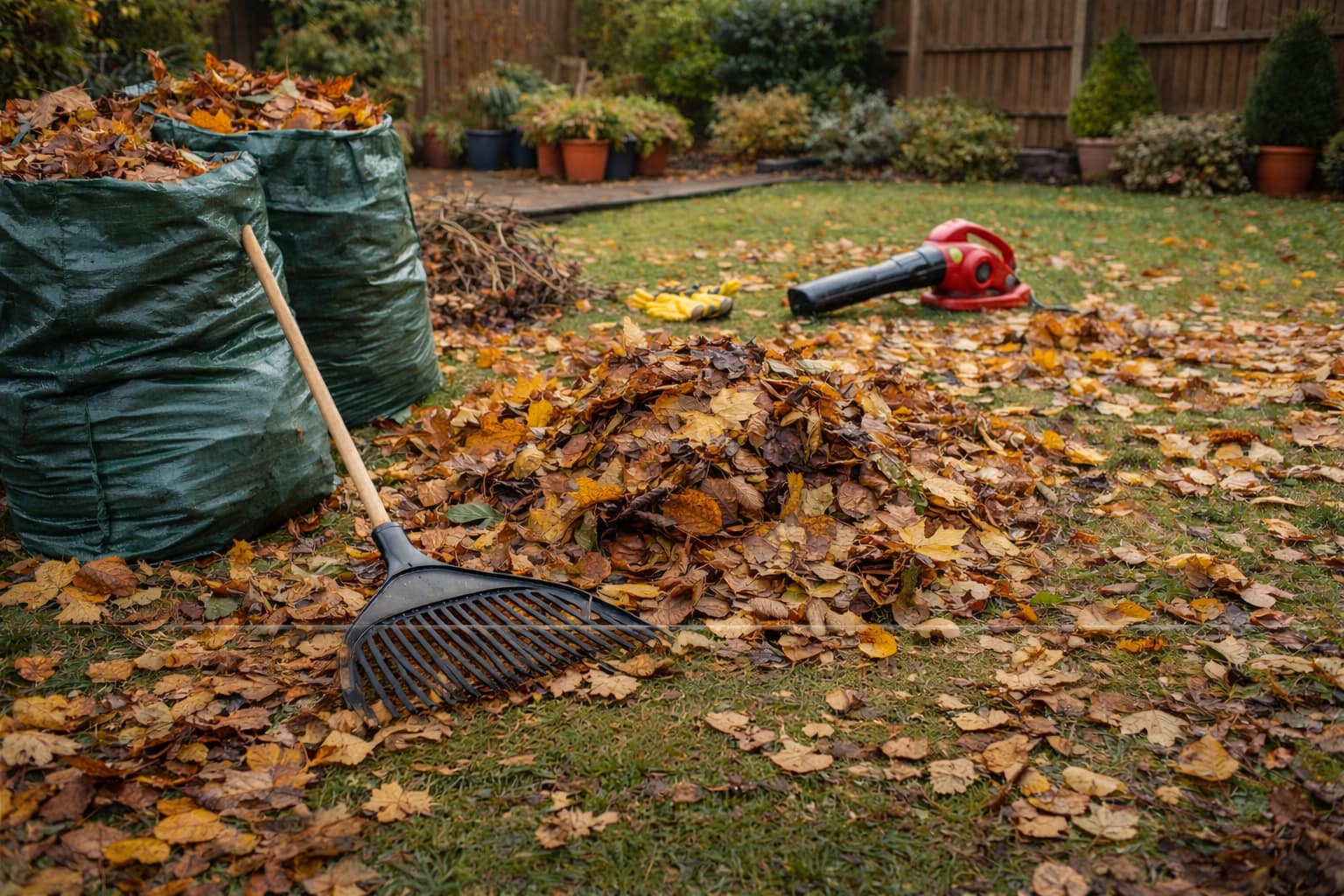 Autumn leaf clearance in a South East London garden with raked leaves, waste bags and tools on the lawn