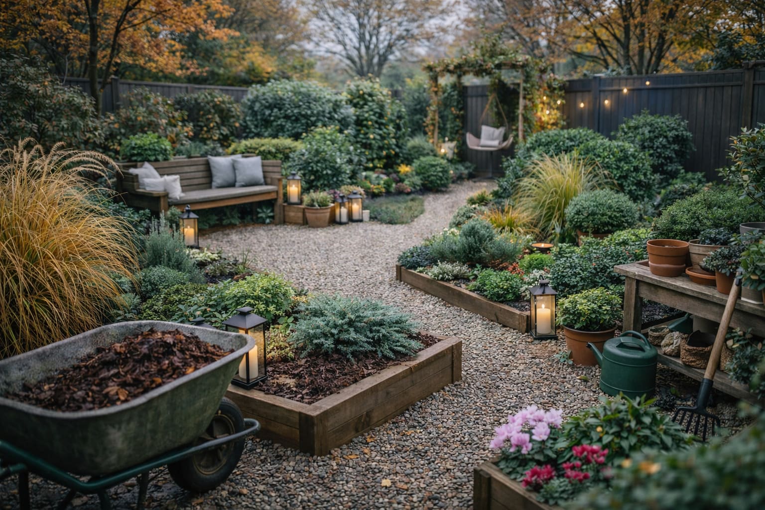 A tidy urban garden in South East London featuring fresh gravel, neat edging, and raised beds after November landscaping.
