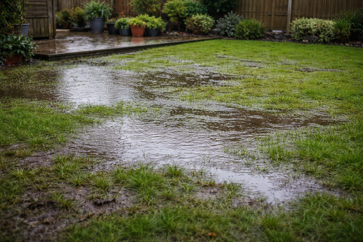 Puddles pooling on a waterlogged lawn in a South East London back garden after heavy rain
