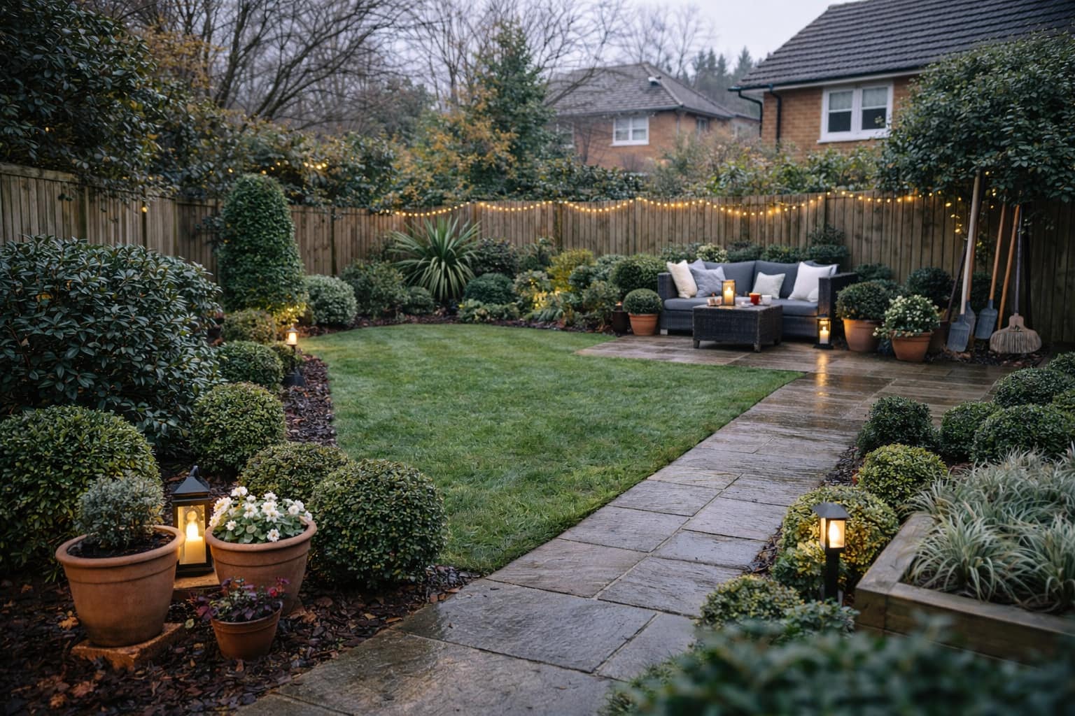 A freshly cleared garden in Sydenham, SE26 showing a clean patio, trimmed hedges, and a clutter-free lawn after a professional pre-winter garden clearance