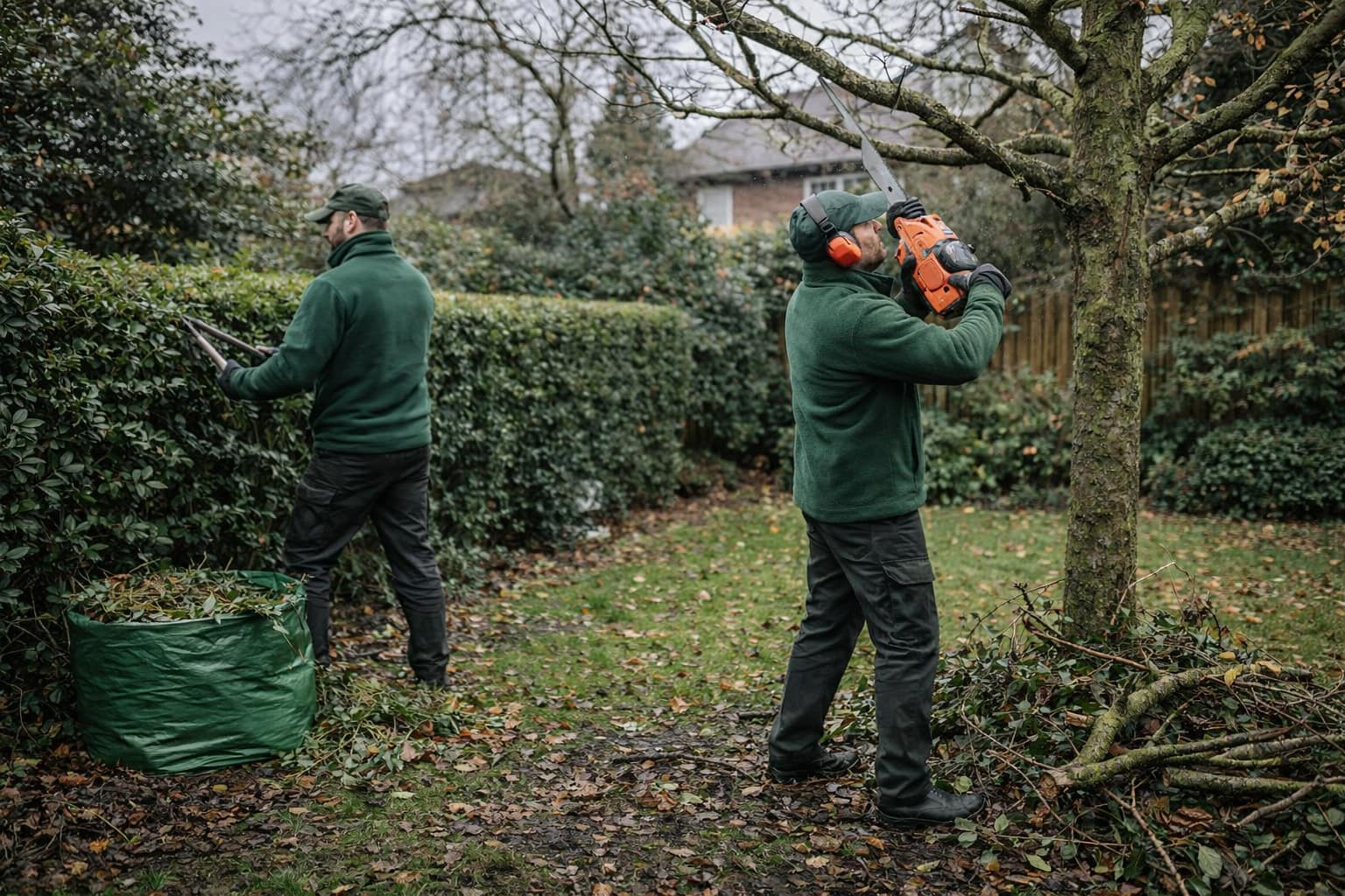 Two professional gardeners performing hedge and tree pruning in South East London to prepare the garden for winter.