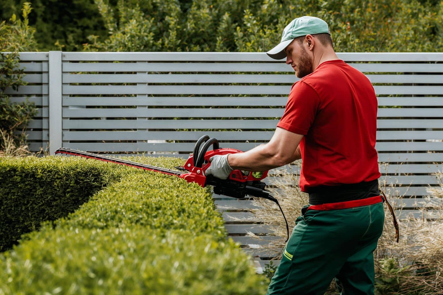 gardener using hedge trimmer